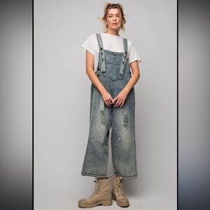 Easel Distressed Denim Overalls